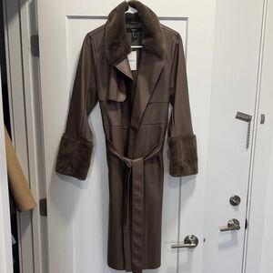 Brown Faux Leather Fur Trimmed Women's Coat